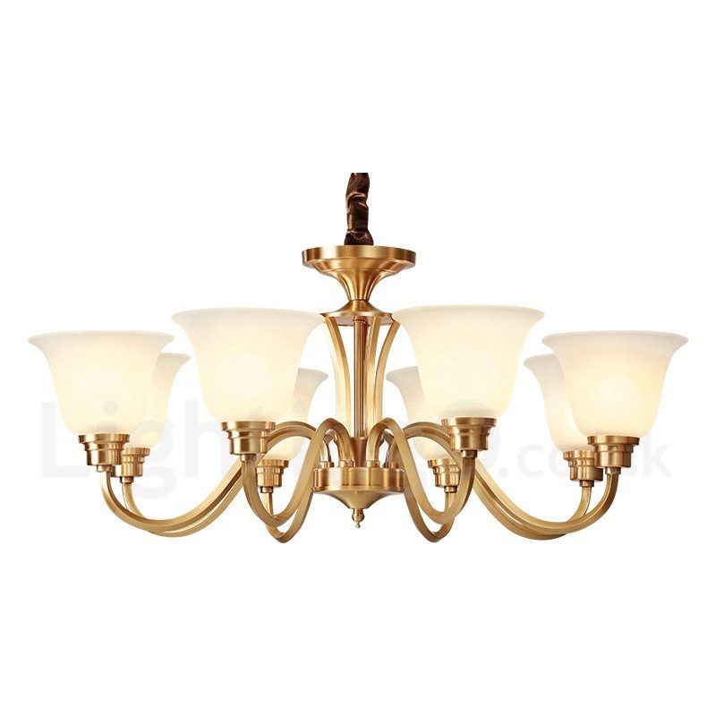 Großer luxuriöser rustikaler Retro-Vintage-Kronleuchter aus reinem Messing mit Glasschirmen