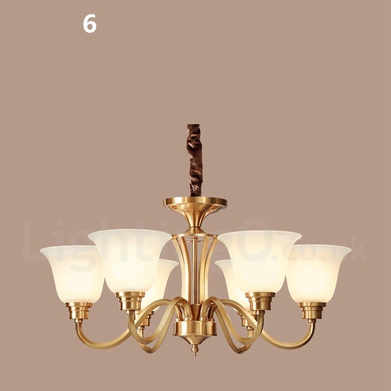 Großer luxuriöser rustikaler Retro-Vintage-Kronleuchter aus reinem Messing mit Glasschirmen