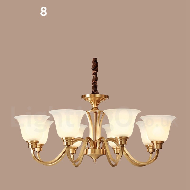 Großer luxuriöser rustikaler Retro-Vintage-Kronleuchter aus reinem Messing mit Glasschirmen