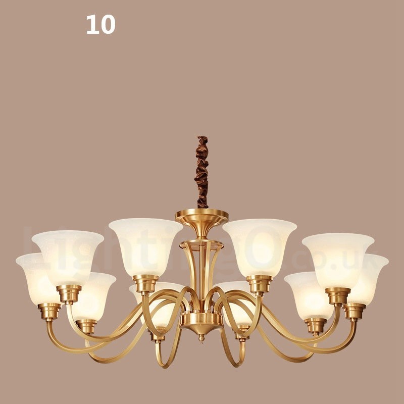 Großer luxuriöser rustikaler Retro-Vintage-Kronleuchter aus reinem Messing mit Glasschirmen