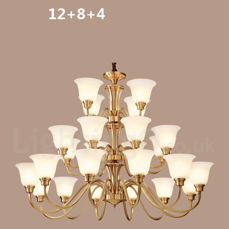 Großer luxuriöser rustikaler Retro-Vintage-Kronleuchter aus reinem Messing mit Glasschirmen