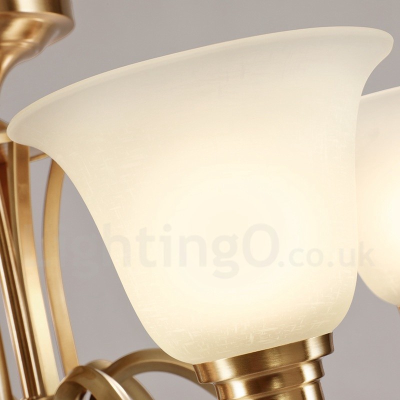 Großer luxuriöser rustikaler Retro-Vintage-Kronleuchter aus reinem Messing mit Glasschirmen