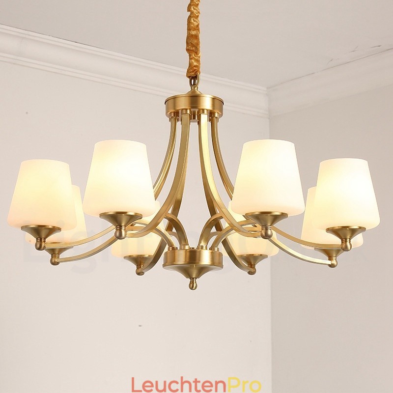 Großer luxuriöser rustikaler Retro-Vintage-Kronleuchter aus reinem Messing mit Glasschirmen