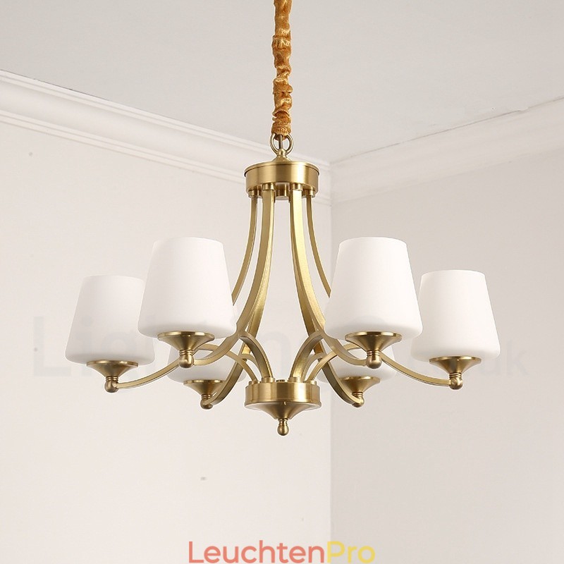 Großer luxuriöser rustikaler Retro-Vintage-Kronleuchter aus reinem Messing mit Glasschirmen