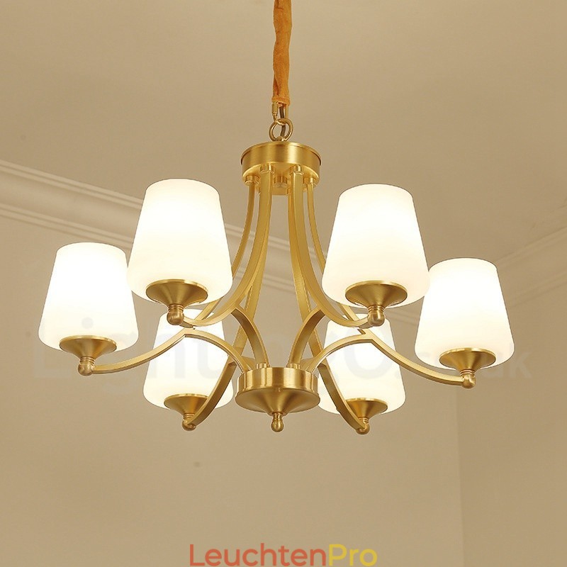 Großer luxuriöser rustikaler Retro-Vintage-Kronleuchter aus reinem Messing mit Glasschirmen