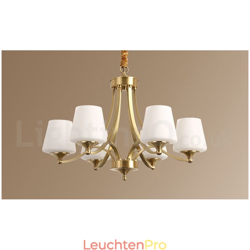 Großer luxuriöser rustikaler Retro-Vintage-Kronleuchter aus reinem Messing mit Glasschirmen