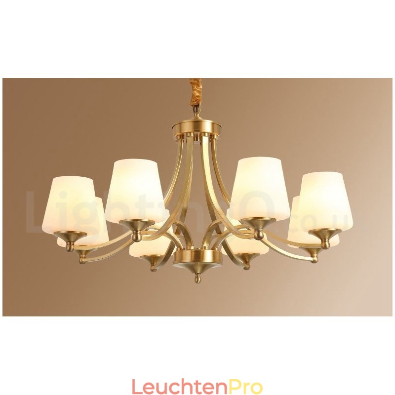 Großer luxuriöser rustikaler Retro-Vintage-Kronleuchter aus reinem Messing mit Glasschirmen
