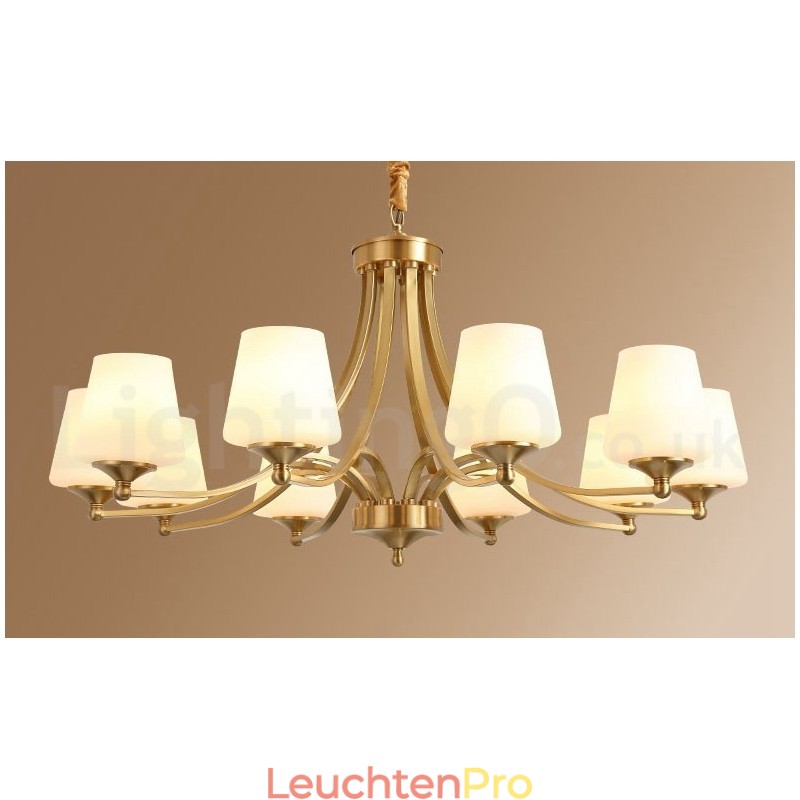 Großer luxuriöser rustikaler Retro-Vintage-Kronleuchter aus reinem Messing mit Glasschirmen