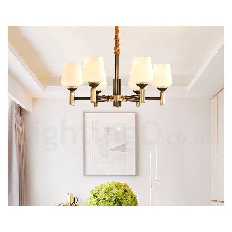 Großer luxuriöser rustikaler Retro-Vintage-Kronleuchter aus reinem Messing mit Glasschirmen