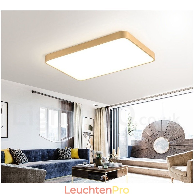 Ultradünne, rechteckige, dimmbare, moderne Deckenleuchte aus Messing im nordischen Stil mit Acrylschirm, kann auch als Wandleuchte verwendet werden.