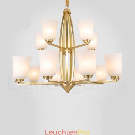 15-flammiger Kronleuchter aus reinem Messing, groß, luxuriös, rustikal, Retro-Vintage-Messing, mit Glasschirmen 15-flammiger Kronleuchter aus reinem Messing, groß, luxuriös, rustikal, Retro-Vintage-Messing, mit Glasschirmen