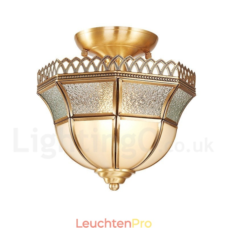 Deckenleuchte im rustikalen Lodge-Stil aus reinem Messing im nordischen Stil mit Glasschirm