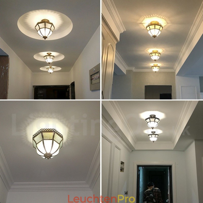 Deckenleuchte im rustikalen Lodge-Stil aus reinem Messing im nordischen Stil mit Glasschirm