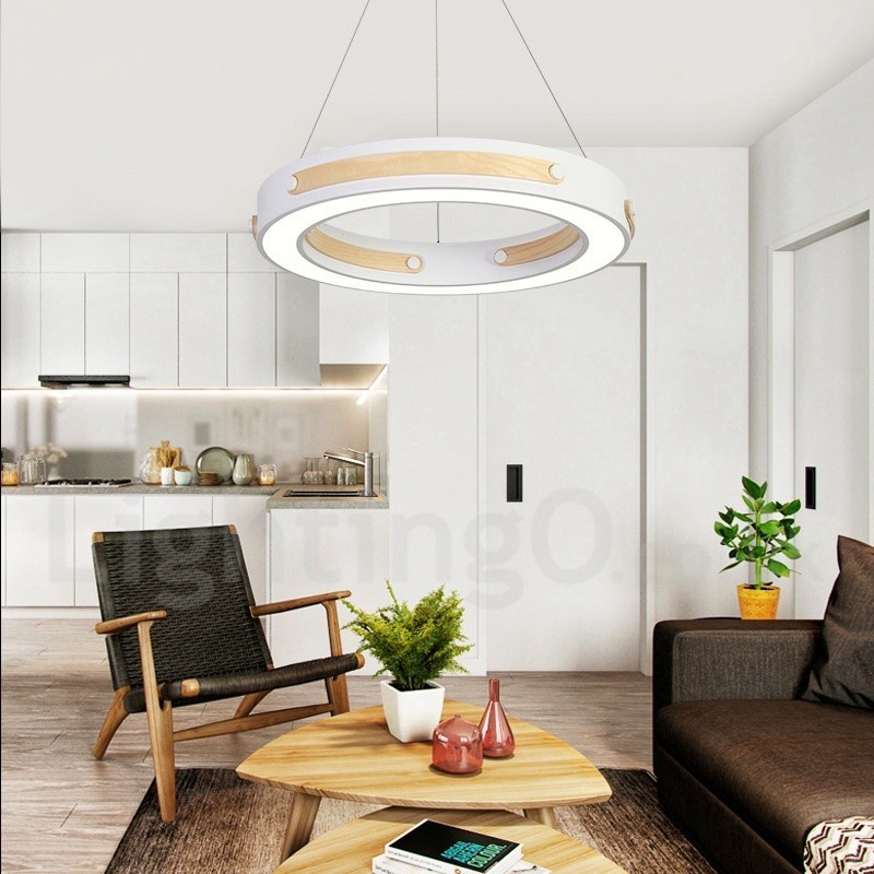 Moderne Pendelleuchte mit Acrylschirm, Ring in mehreren Holzfarben