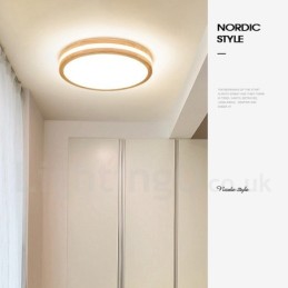 Dimmbare, runde Deckenleuchte aus Holz mit Linse, moderne, zeitgenössische Deckenleuchte im nordischen Stil, mit Acrylschirm und Fernbedienung, kann auch als Wandleuchte verwendet werden.