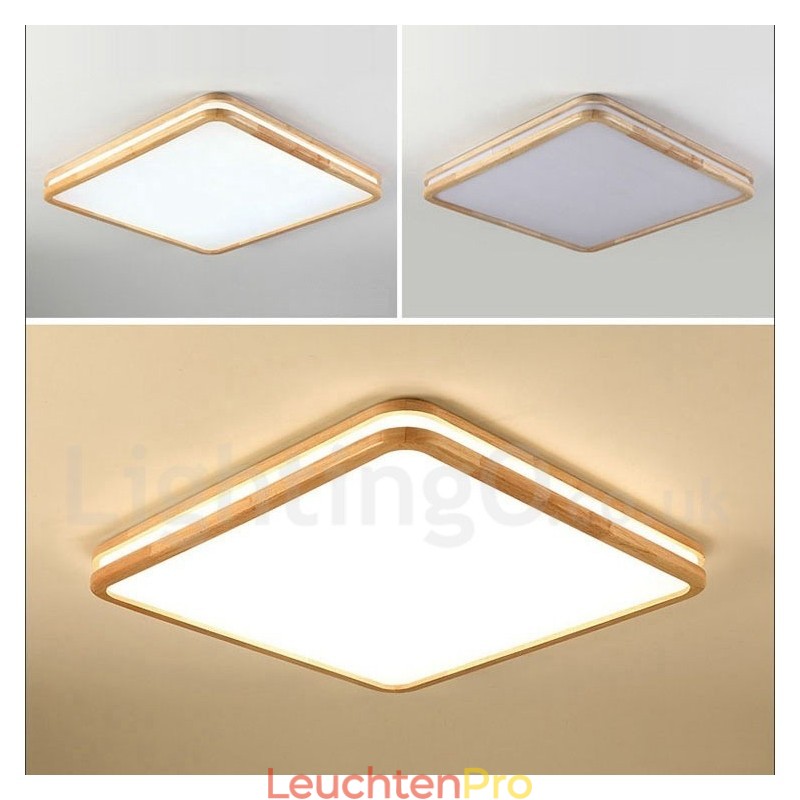 Quadratische Deckenleuchte aus Holz mit Linse, moderne, zeitgenössische Deckenleuchte im nordischen Stil, mit Acrylschirm und Fernbedienung, kann auch als Wandleuchte verwendet werden.