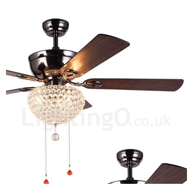132 cm (52 Zoll) Deckenventilator im amerikanischen Retro-Stil aus Holz mit Fernbedienung und Kristallschirm, stummer Motor aus reinem Kupfer