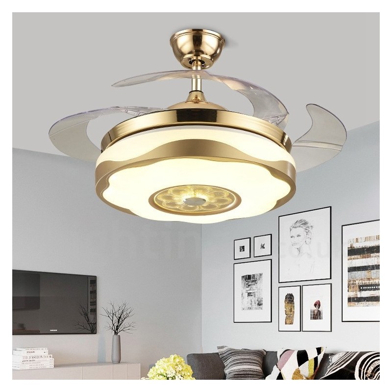108 cm (42 Zoll) 91 cm (36 Zoll) Moderner zeitgenössischer Deckenventilator mit Fernbedienung, goldfarben, mit Acrylschirm, stummgeschaltetem Motor aus reinem Kupfer