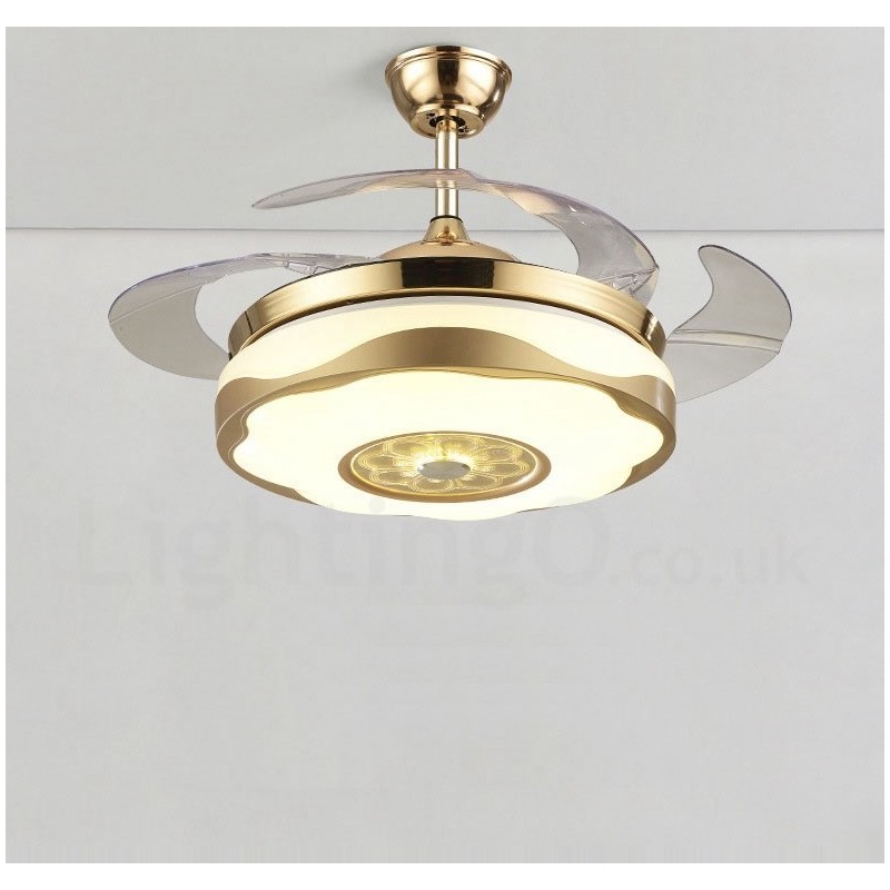 108 cm (42 Zoll) 91 cm (36 Zoll) Moderner zeitgenössischer Deckenventilator mit Fernbedienung, goldfarben, mit Acrylschirm, stummgeschaltetem Motor aus reinem Kupfer
