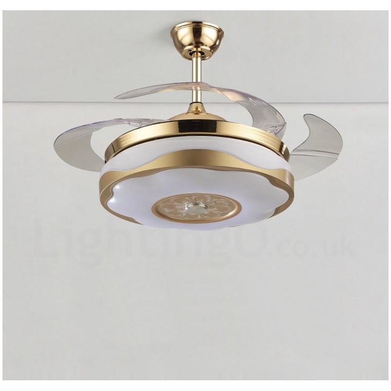 108 cm (42 Zoll) 91 cm (36 Zoll) Moderner zeitgenössischer Deckenventilator mit Fernbedienung, goldfarben, mit Acrylschirm, stummgeschaltetem Motor aus reinem Kupfer