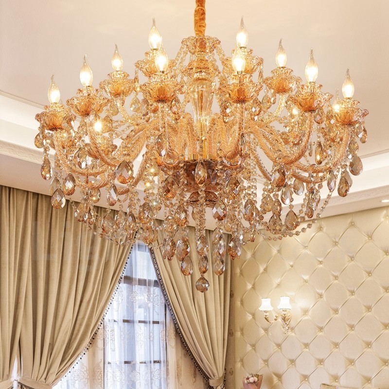 18 (12+6) Lichter Bernstein Gold Eleganter Kristall Kerzenleuchter
