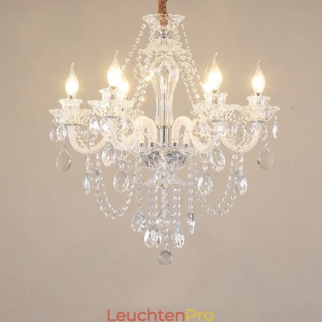 Kronleuchter mit 6 Kerzen und klarem Kristall, spezielles Design mit weißen Armen Kronleuchter mit 6 Kerzen und klarem Kristall, spezielles Design mit weißen Armen