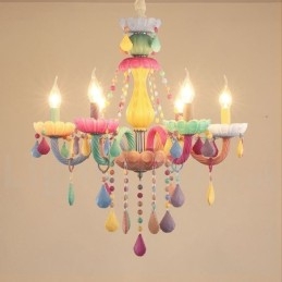Macaron 6-flammiger Kronleuchter mit mehrfarbiger Kristallkerze im Mini-Stil für Kinder