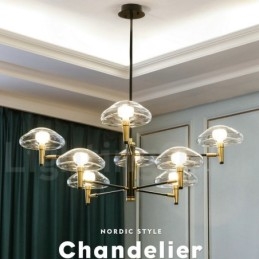 Kronleuchter mit 8 Lichtern, galvanisiert, lackiert, mit Glasschirmen
