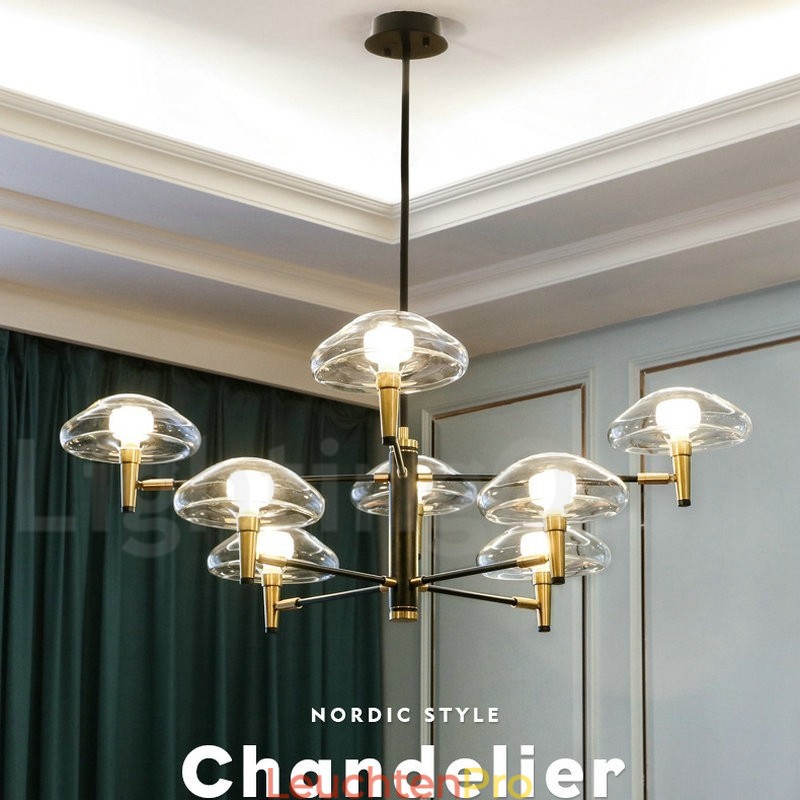 Kronleuchter mit 8 Lichtern, galvanisiert, lackiert, mit Glasschirmen