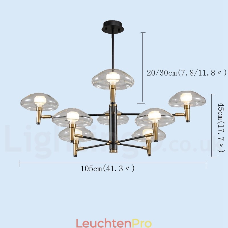 Kronleuchter mit 8 Lichtern, galvanisiert, lackiert, mit Glasschirmen