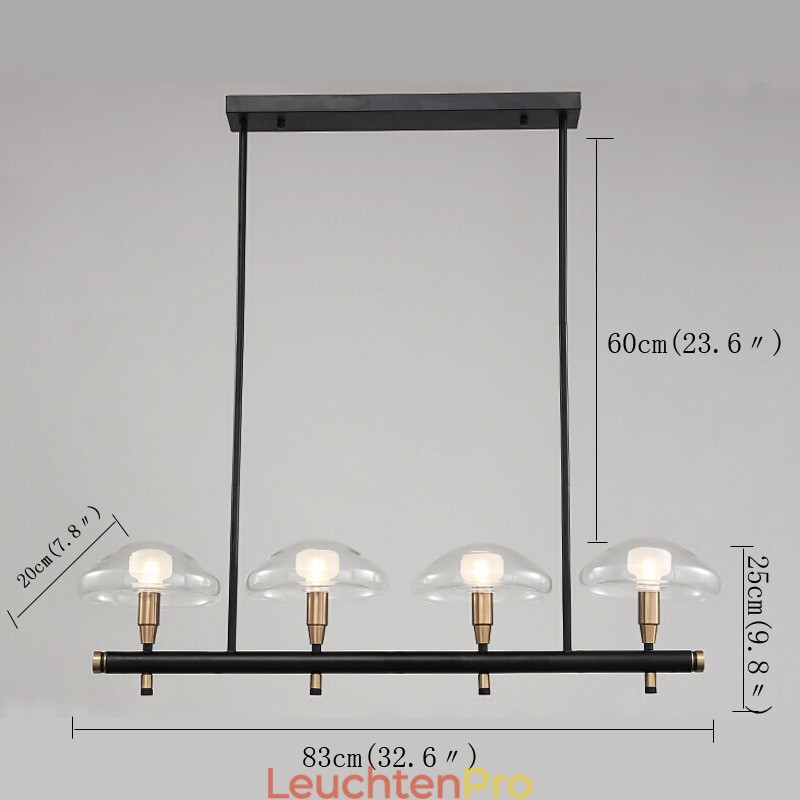 Kronleuchter mit 4 linearen Deckenflutern, galvanisiert, lackiert, mit Glasschirmen