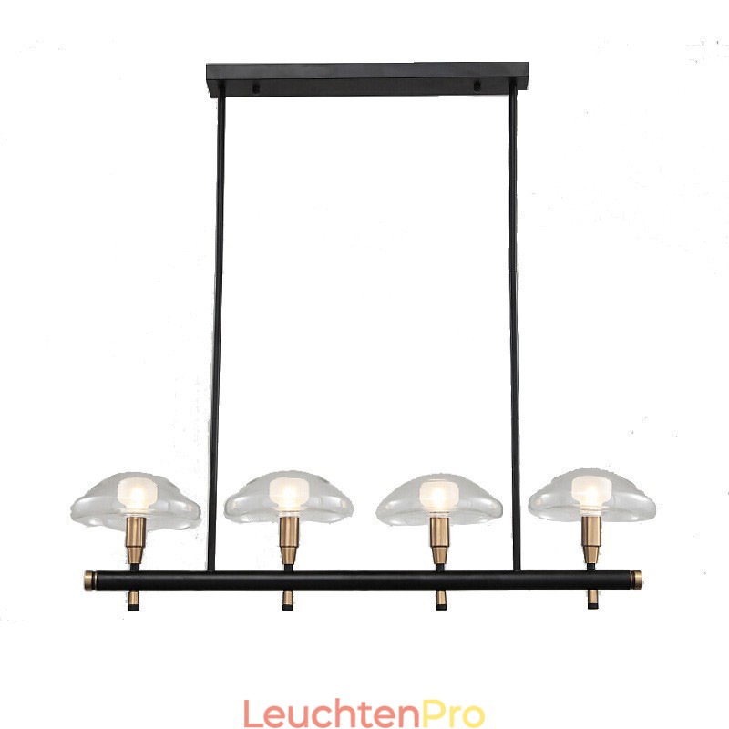Kronleuchter mit 4 linearen Deckenflutern, galvanisiert, lackiert, mit Glasschirmen