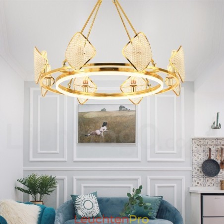 Gold Postmodern Luxus Runde K9 Kristall Pendelleuchte Kronleuchter Licht mit Acryl Schatten Ausstellungshalle Gold Postmodern Luxus Runde K9 Kristall Pendelleuchte Kronleuchter Licht mit Acryl Schatten Ausstellungshalle