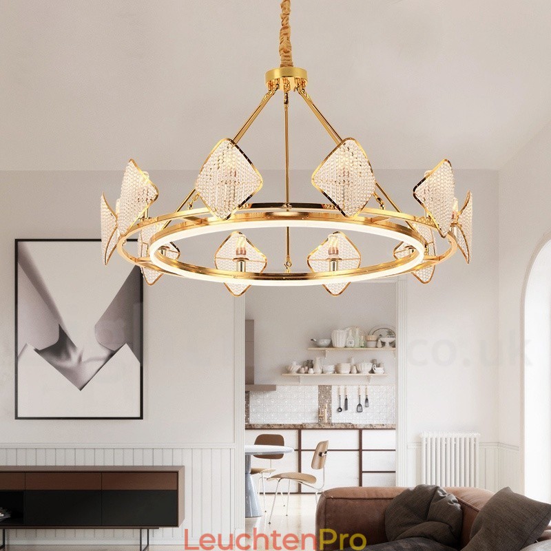 Gold Postmodern Luxus Runde K9 Kristall Pendelleuchte Kronleuchter Licht mit Acryl Schatten Ausstellungshalle