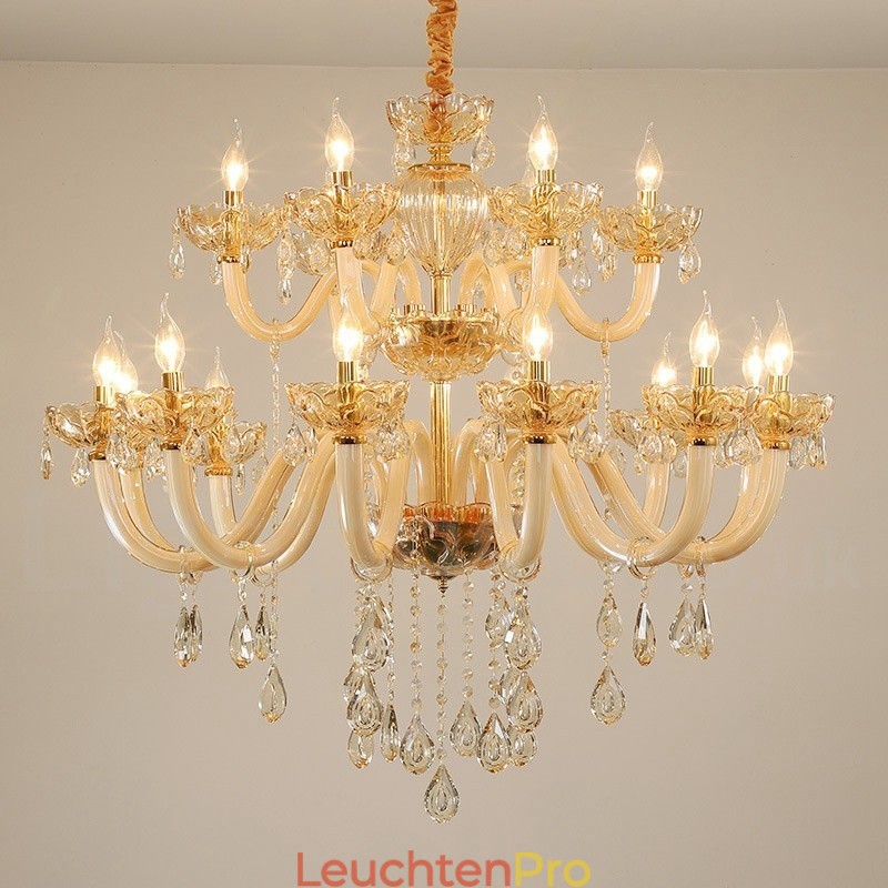 18 (12+6) Lichter Champagner Farbe Eleganter Kristall Kerzenleuchter