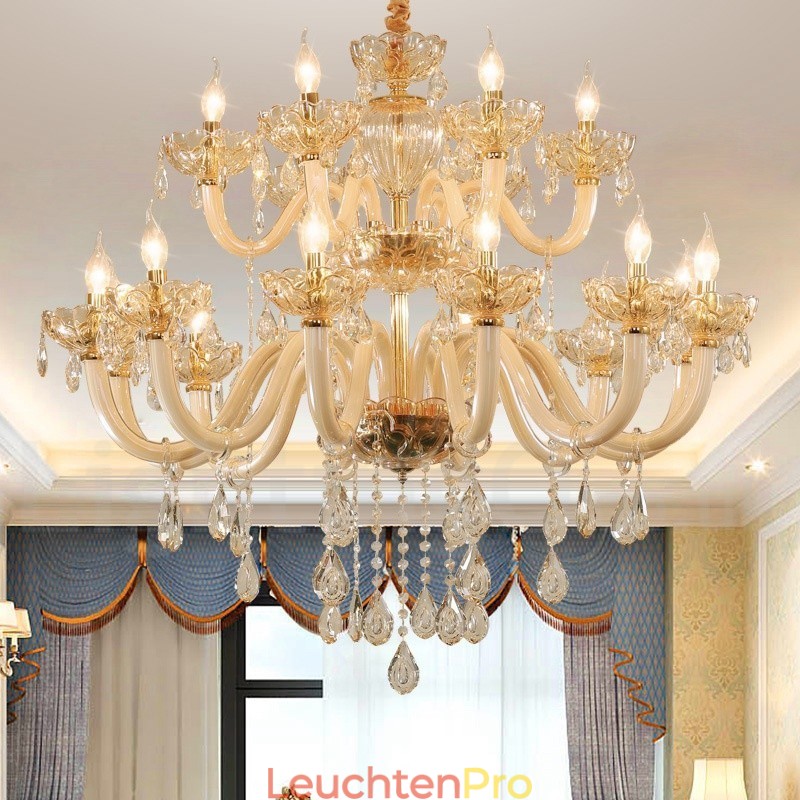 18 (12+6) Lichter Champagner Farbe Eleganter Kristall Kerzenleuchter