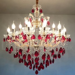 18 (12+6) Lichter luxuriöser roter Kristallkerzen-Goldkronleuchter