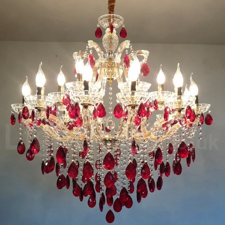 18 (12+6) Lichter luxuriöser roter Kristallkerzen-Goldkronleuchter 18 (12+6) Lichter luxuriöser roter Kristallkerzen-Goldkronleuchter