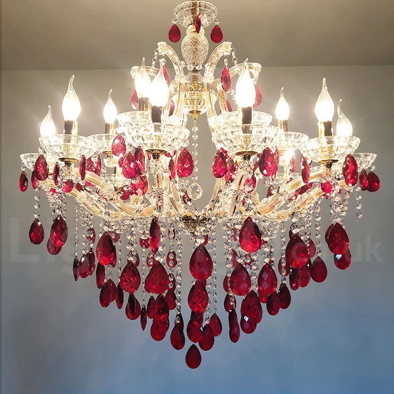 18 (12+6) Lichter luxuriöser roter Kristallkerzen-Goldkronleuchter