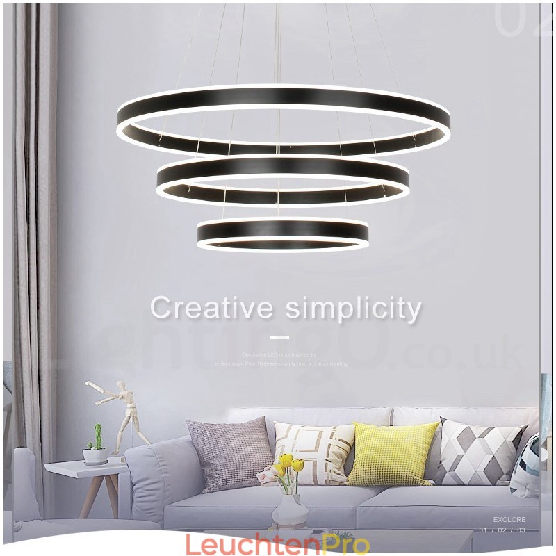 Dimmbare Wi-Fi Smart 3 Ringe Zwei Streifen Moderne zeitgenössische Pendelleuchte mit Acryl-Lampenschirm