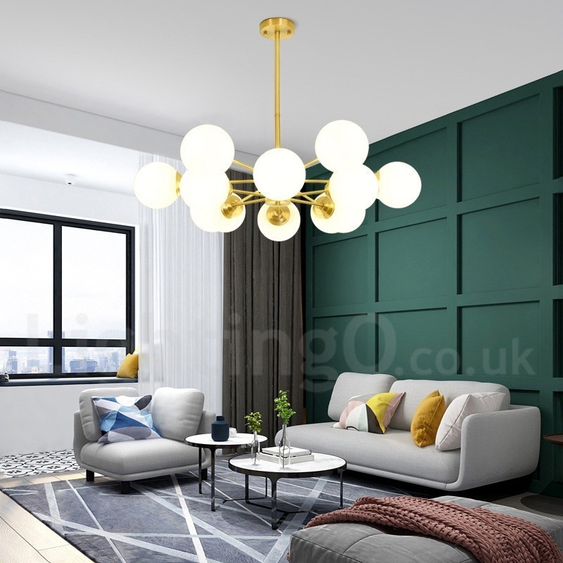 12 Lichter (6 + 6 Lichter) Zweistufiger Kronleuchter aus reinem Messing aus Nordeuropa, moderne Pendelleuchte mit Metallmolekülen