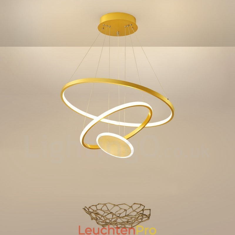 Three Circles Pendelleuchte mit drei Ringen, modernes Design, goldfarben, mit Fernbedienung