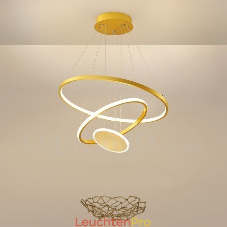 Three Circles Pendelleuchte mit drei Ringen, modernes Design, goldfarben, mit Fernbedienung Three Circles Pendelleuchte mit drei Ringen, modernes Design, goldfarben, mit Fernbedienung