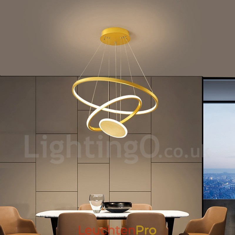 Three Circles Pendelleuchte mit drei Ringen, modernes Design, goldfarben, mit Fernbedienung