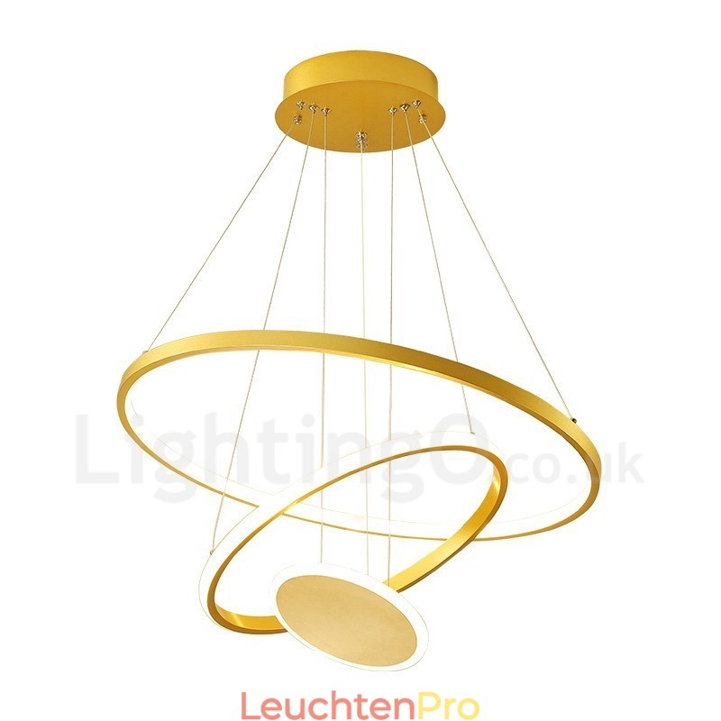 Three Circles Pendelleuchte mit drei Ringen, modernes Design, goldfarben, mit Fernbedienung