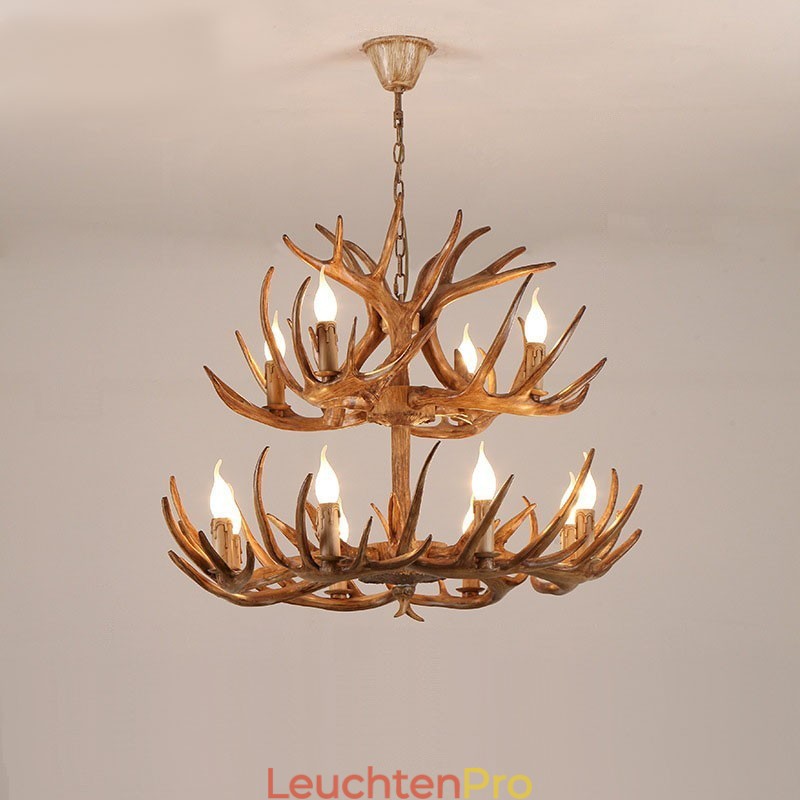 12 (8 + 4) Licht 2 Ebenen Rustikaler künstlerischer Retro-Kronleuchter mit Geweih