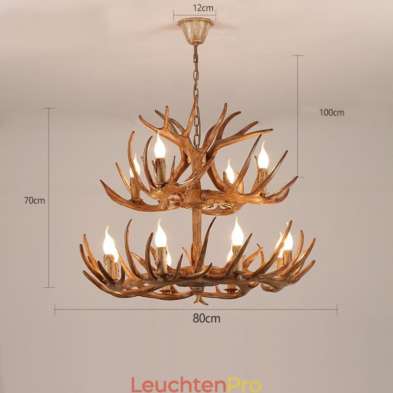12 (8 + 4) Licht 2 Ebenen Rustikaler künstlerischer Retro-Kronleuchter mit Geweih