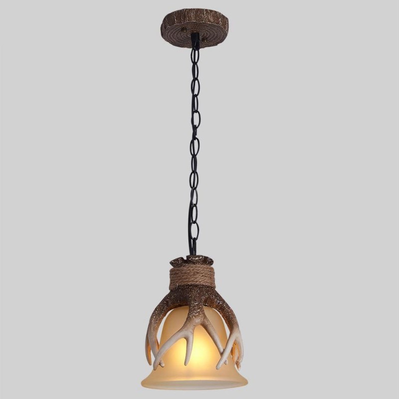 One Light Rustikale, künstlerische Retro-Pendelleuchte mit Geweih und antikem Glasschirm