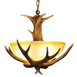One Light Rustikale, künstlerische Retro-Pendelleuchte mit Geweih und antikem Glasschirm