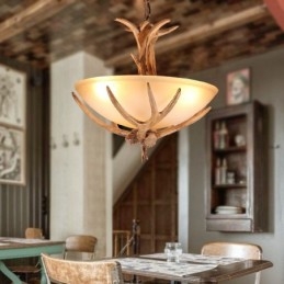 One Light Rustikale, künstlerische Retro-Pendelleuchte mit Geweih und antikem Glasschirm